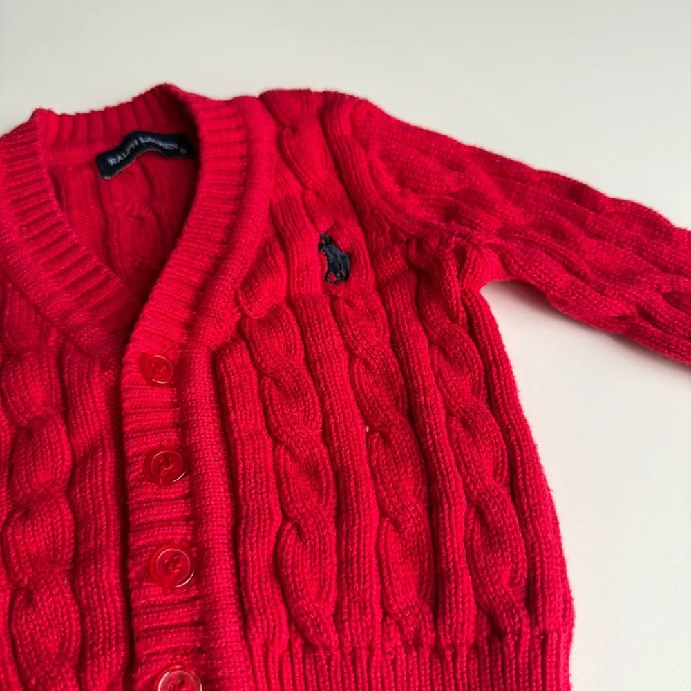 Ralph Lauren Baby Cable Knit Cardigan Sweater Red 18-24 Months 100% Cotton
